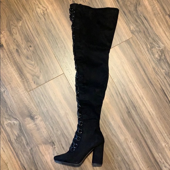 Black Suede Mid Thigh Heels - Picture 2 of 5